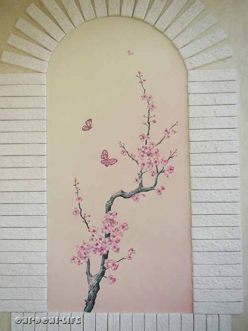 роспись на стене ветка сакуры