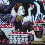 птица сорока девушка яблоки сад
